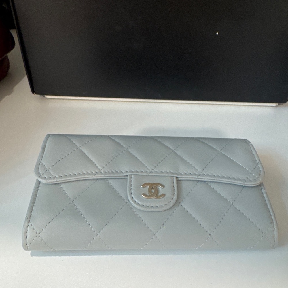 CHANEL Quilted Light Gray CC Flap Wallets